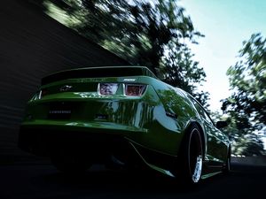 Preview wallpaper chevrolet, camaro, green, rear bumper, speed, blur