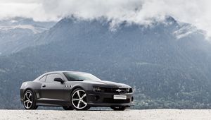 Preview wallpaper chevrolet, camaro ss, black, side view, mountain