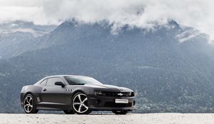 Preview wallpaper chevrolet, camaro ss, black, side view, mountain