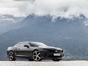 Preview wallpaper chevrolet, camaro ss, black, side view, mountain