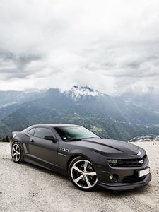 Preview wallpaper chevrolet, camaro ss, black, sky, clouds, mountains
