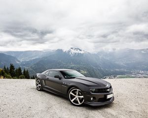 Preview wallpaper chevrolet, camaro ss, black, sky, clouds, mountains