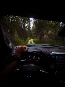 Preview wallpaper chevrolet, car, steering wheel, hand, forest