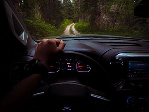 Preview wallpaper chevrolet, car, steering wheel, hand, forest