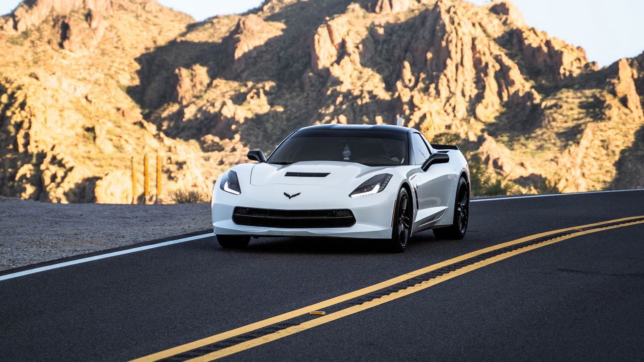 Wallpaper chevrolet corvette, chevrolet, car, sportscar, white, road, mountains