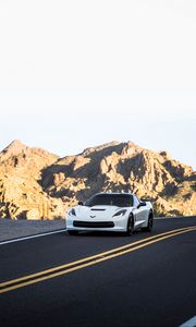 Preview wallpaper chevrolet corvette, chevrolet, car, sportscar, white, road, mountains