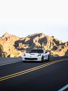 Preview wallpaper chevrolet corvette, chevrolet, car, sportscar, white, road, mountains