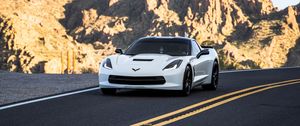 Preview wallpaper chevrolet corvette, chevrolet, car, sportscar, white, road, mountains