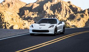 Preview wallpaper chevrolet corvette, chevrolet, car, sportscar, white, road, mountains