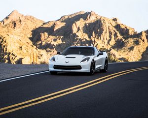 Preview wallpaper chevrolet corvette, chevrolet, car, sportscar, white, road, mountains