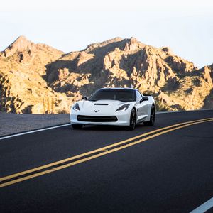 Preview wallpaper chevrolet corvette, chevrolet, car, sportscar, white, road, mountains