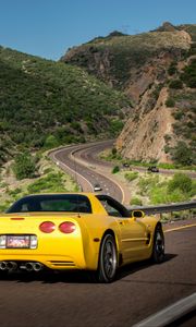Preview wallpaper chevrolet corvette, chevrolet, car, yellow, back view, road
