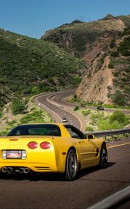 Preview wallpaper chevrolet corvette, chevrolet, car, yellow, back view, road