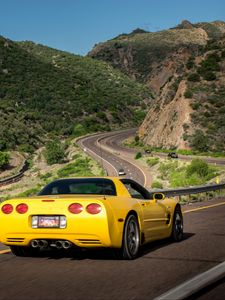 Preview wallpaper chevrolet corvette, chevrolet, car, yellow, back view, road