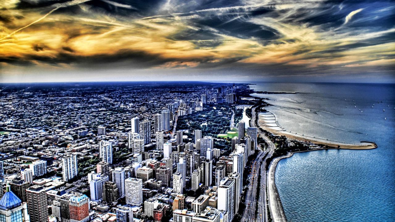 Wallpaper chicago, beach, ocean, buildings, skyscrapers, top view, hdr