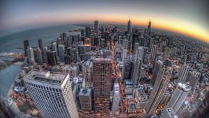 Preview wallpaper chicago, buildings, skyscrapers, sunset, fisheye