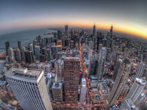 Preview wallpaper chicago, buildings, skyscrapers, sunset, fisheye