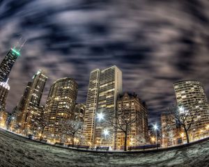Preview wallpaper chicago, buildings, skyscrapers, night, city, lights, fisheye