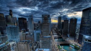 Preview wallpaper chicago, buildings, skyscrapers, river, bridge, hdr