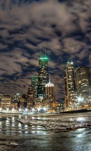 Preview wallpaper chicago, coast, buildings, skyscrapers, lights, night city, ocean, fish eye