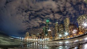 Preview wallpaper chicago, coast, buildings, skyscrapers, lights, night city, ocean, fish eye