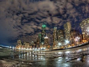 Preview wallpaper chicago, coast, buildings, skyscrapers, lights, night city, ocean, fish eye