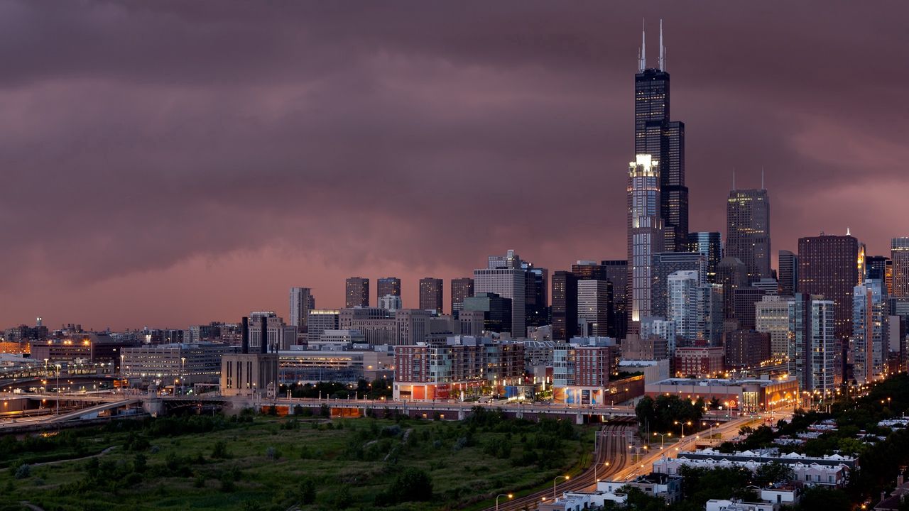 Wallpaper chicago, evening, city, buildings, skyscrapers