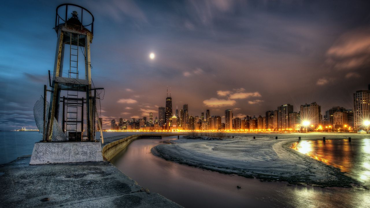 Wallpaper chicago, illinois, lighthouse, buildings, beach, hdr