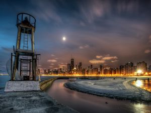 Preview wallpaper chicago, illinois, lighthouse, buildings, beach, hdr