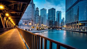 Preview wallpaper chicago, llinois, illinois, usa, united states, city, evening, river, houses, buildings, skyscrapers, road, lighting, lights, bridge