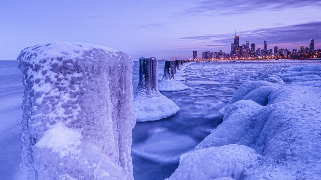 Wallpaper chicago, night city, winter, ice, frost