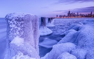 Preview wallpaper chicago, night city, winter, ice, frost