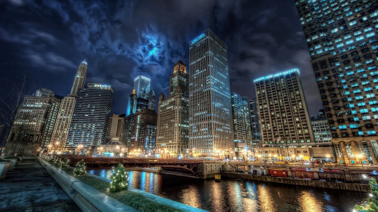 Wallpaper chicago, river, bridge, skyscrapers, hdr