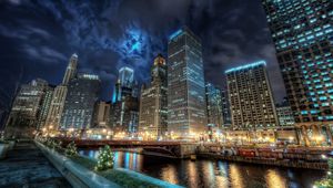 Preview wallpaper chicago, river, bridge, skyscrapers, hdr