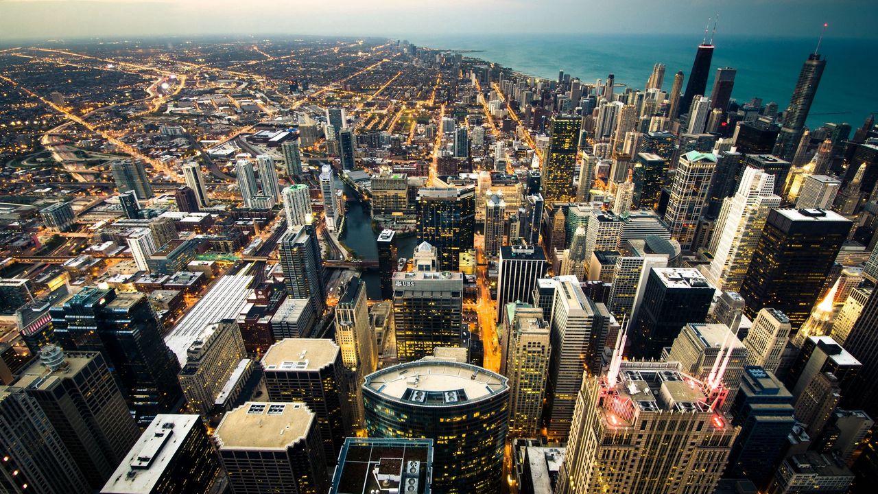 Wallpaper chicago, skyline, city lights, coastline