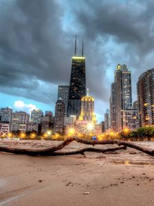 Preview wallpaper chicago, skyscraper, beach, sand, hdr