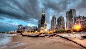 Preview wallpaper chicago, skyscraper, beach, sand, hdr