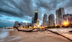 Preview wallpaper chicago, skyscraper, beach, sand, hdr