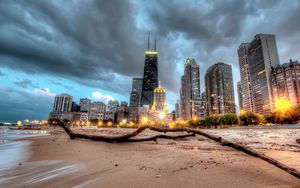 Preview wallpaper chicago, skyscraper, beach, sand, hdr