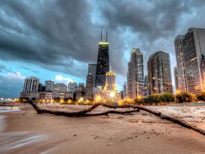 Preview wallpaper chicago, skyscraper, beach, sand, hdr