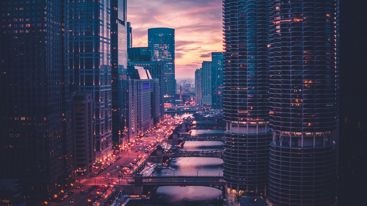 Wallpaper chicago, skyscrapers, bridges, evening