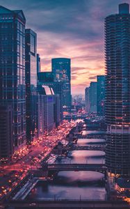 Preview wallpaper chicago, skyscrapers, bridges, evening