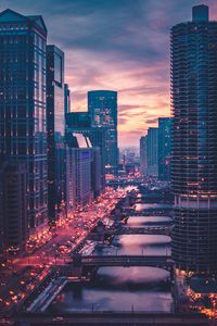 Preview wallpaper chicago, skyscrapers, bridges, evening