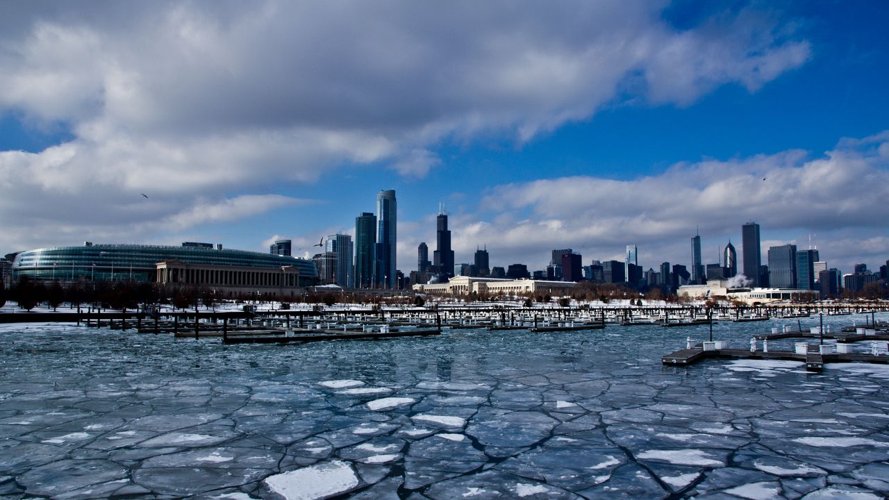 Wallpaper chicago, usa, illinois, america, zdniya, skyscrapers, ice, port, winter, building