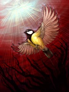 Preview wallpaper chickadee, bird, rays, shine, tree, art