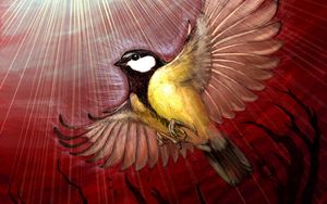 Preview wallpaper chickadee, bird, rays, shine, tree, art