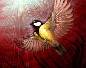 Preview wallpaper chickadee, bird, rays, shine, tree, art