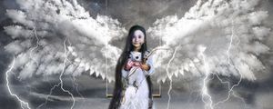 Preview wallpaper child, angel, surrealism, cupid, swing, toy, art