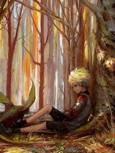 Preview wallpaper child, art, loneliness, forest, trees