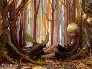 Preview wallpaper child, art, loneliness, forest, trees